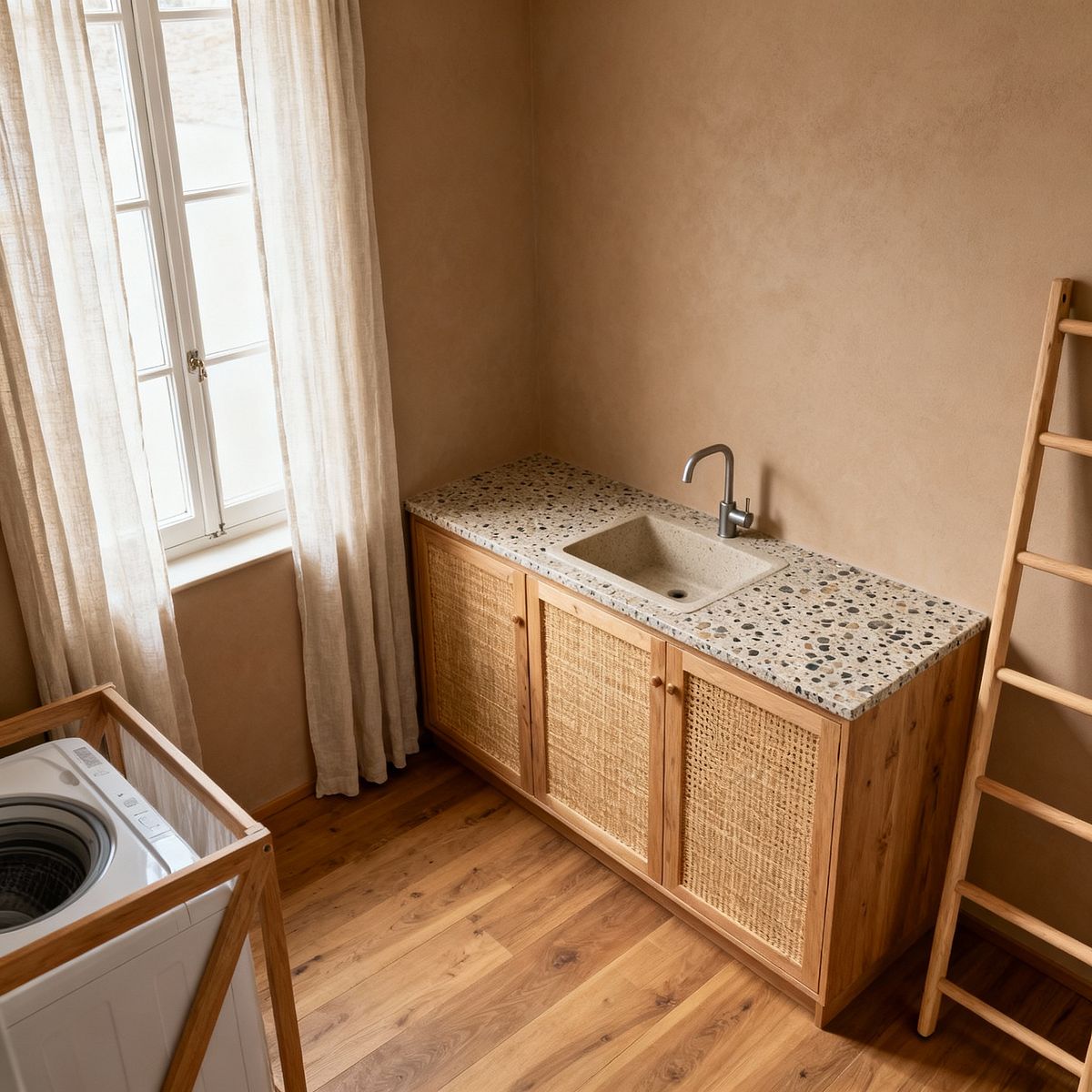 Room AI – Warm Scandi Laundry with Terrazzo and Rattan - Interior