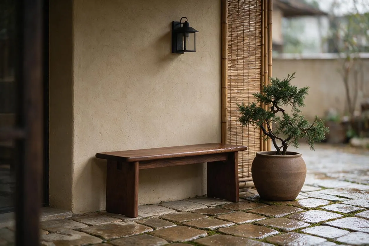 A serene Japandi-style exterior nook with a simple wooden bench against a textured beige stucco wall, a black lantern mounted above, and a potted bonsai beside a bamboo screen. The stone-paved ground adds an earthy, natural feel.