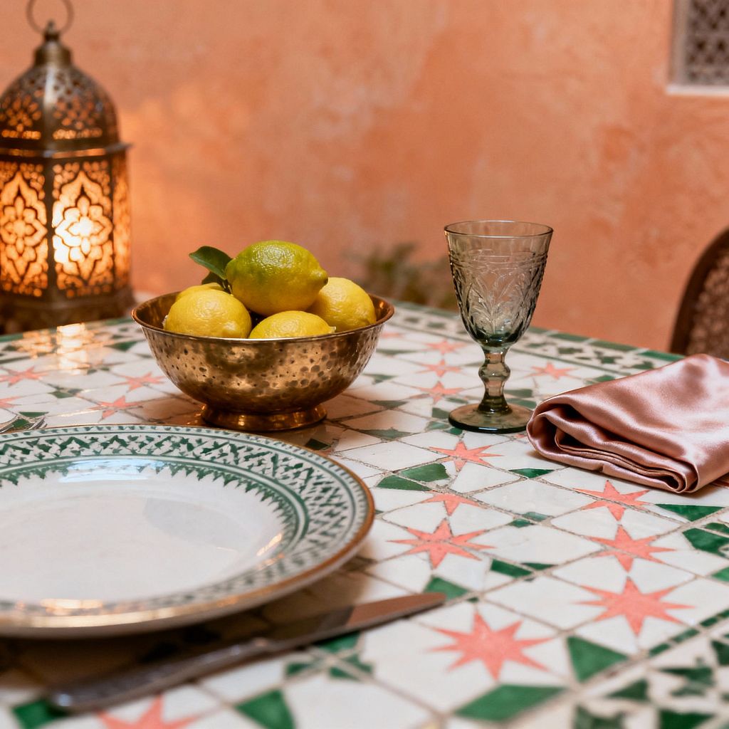 Close-up of a Moroccan dining table with a white zellige mosaic top patterned with coral eight-pointed stars and emerald-green triangles, set against a warm peach plaster wall. On the table are a hammered brass bowl filled with lemons, an etched olive-green goblet, a blush satin napkin, a green-banded ceramic plate with a stainless knife, and in the background a glowing pierced-brass lantern casting filigree shadows.