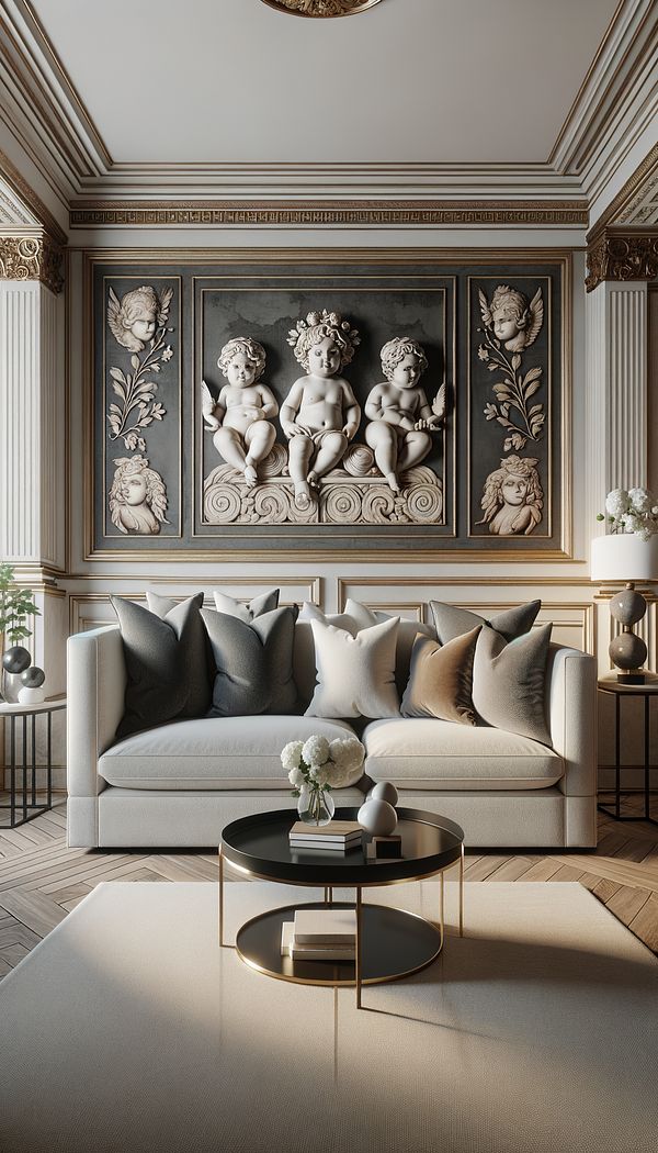 An elegant living room with Amorini motifs incorporated into the wall decorations and on throw pillows, providing a classical touch to a modern setting.