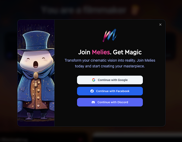 A signup modal for the Melies platform featuring a whimsical character and options to sign in using various accounts.