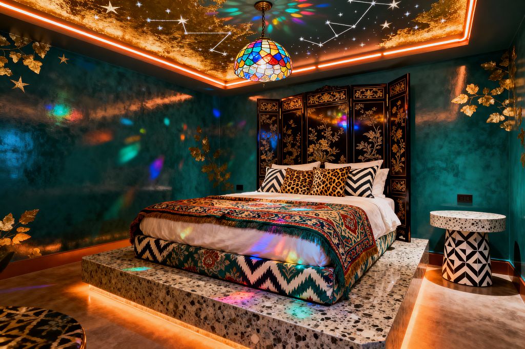 A maximalist bedroom with deep teal polished walls and gold-leaf botanical appliqués. A terrazzo platform bed with underlighting holds an ikat-upholstered base, layered with a kilim-style throw, white bedding, chevron shams, and leopard pillows. A black lacquer folding screen with gilt florals acts as a headboard. The ceiling shows constellations with warm cove LEDs and a Tiffany-style stained-glass pendant casting multicolored light. Geometric black-and-white side tables flank the bed.
