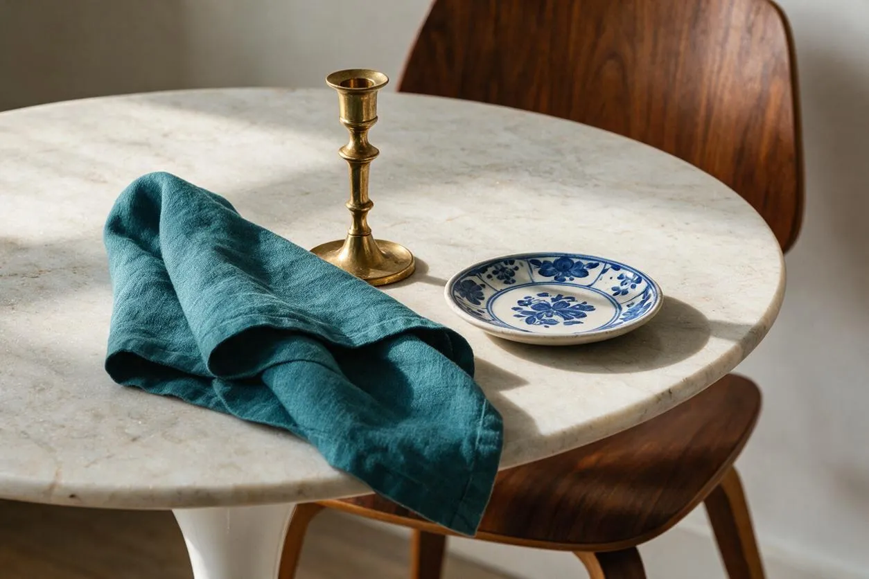 A small dining vignette features a round white stone or marble table with a teal linen napkin, a slender brass candlestick, and a blue-and-white ceramic saucer. Curved wooden chairs with warm wood grain sit around the table, creating a simple eclectic mix of textures and colors.