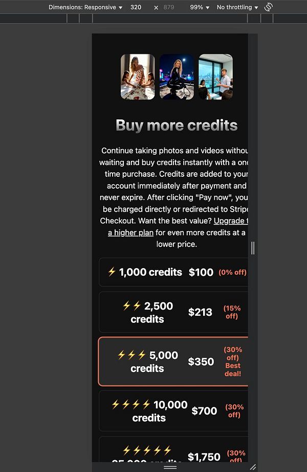 The image displays a mobile interface for purchasing credits on a platform.