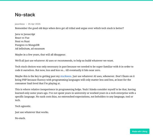 A blog post discussing the evolution of tech stack choices in programming.
