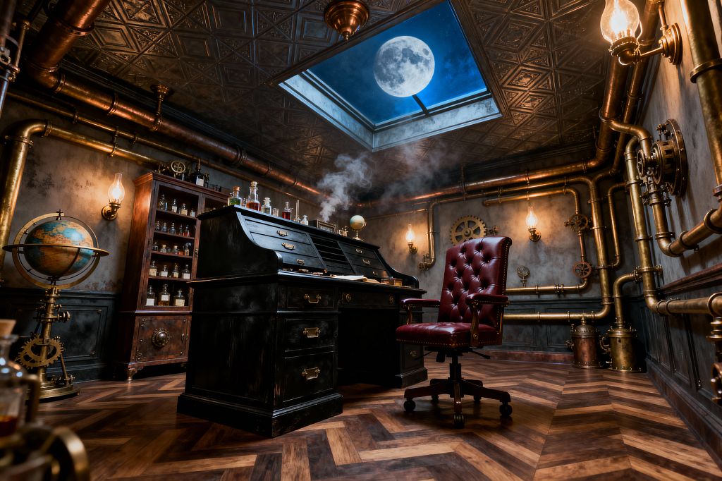 A richly detailed steampunk home office with a black roll-top desk emitting a wisp of steam, a tufted burgundy leather chair, and walls crisscrossed with exposed brass pipes and gear motifs. Herringbone walnut flooring and a dark pressed-tin ceiling frame a large skylight revealing a moonlit sky, while amber glass sconces and shelves of apothecary bottles add a warm, industrial glow.