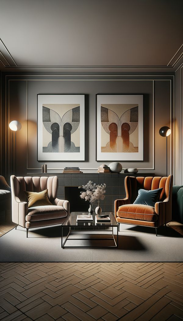 A living room with two armchairs facing each other, a coffee table in between, and artwork positioned above each chair to reflect the vis-à-vis concept.