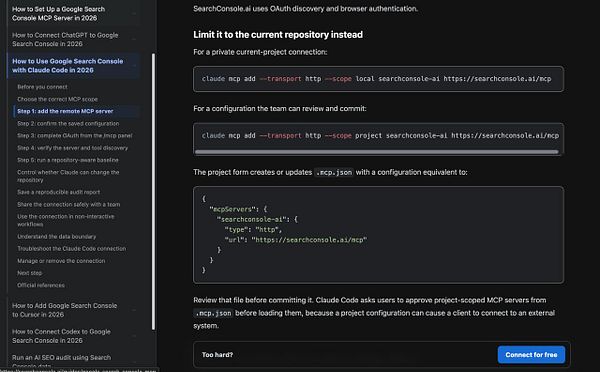 Dashboard of SearchConsole.ai showing integration options with various AI tools and a table of search console data.