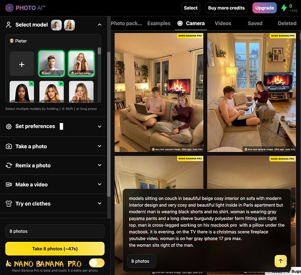 A cozy indoor scene featuring two models engaged in different activities on a couch.