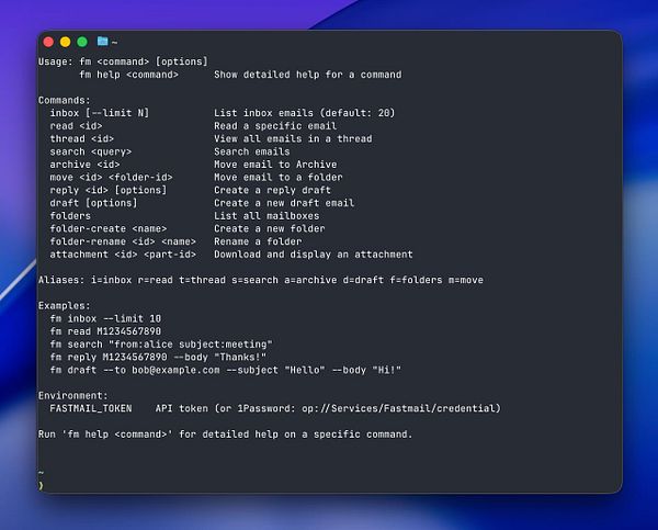 Screenshot of a terminal window showing a Python script to read emails using Fastmail API with a Claude Code CLI.