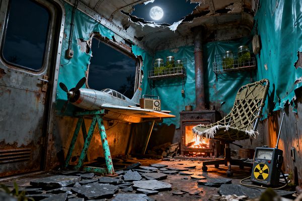 A derelict metal railcar serves as a home office at night, lit by a wood-burning stove while the moon shows through a torn roof. Turquoise tarp lines ripped walls with rusted steel edges. An improvised desk made from an aluminum airplane fuselage sits on teal trestles, holding a vintage radio. Wire shelves display glass jars with green plants. An olive canvas-and-rope swivel chair faces the fire, amid broken slate on the floor and a Geiger counter.