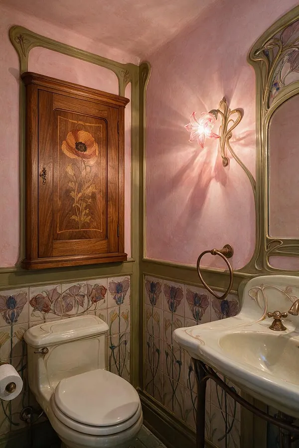 A compact powder room in Art Nouveau style with pink plaster walls, olive-green decorative trim, and floral tile wainscoting. A carved wooden wall cabinet with a painted flower panel hangs above the toilet, while a cream pedestal sink and ornate mirror frame complete the romantic, vintage-inspired space.