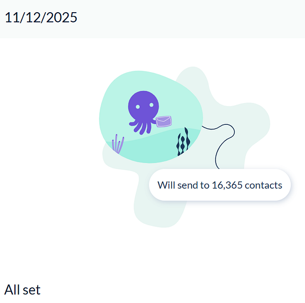 A whimsical illustration featuring an octopus preparing to send a newsletter to a large audience.