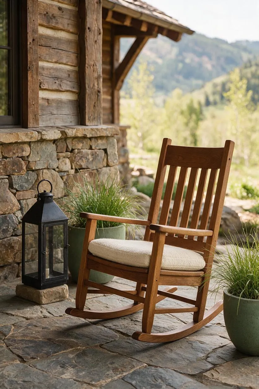 A rustic outdoor porch features a wooden rocking chair with a light cushion beside a black metal lantern and potted greenery. The porch is built with a stone floor and a stone-and-wood cabin wall, with a soft mountain landscape blurred in the background.