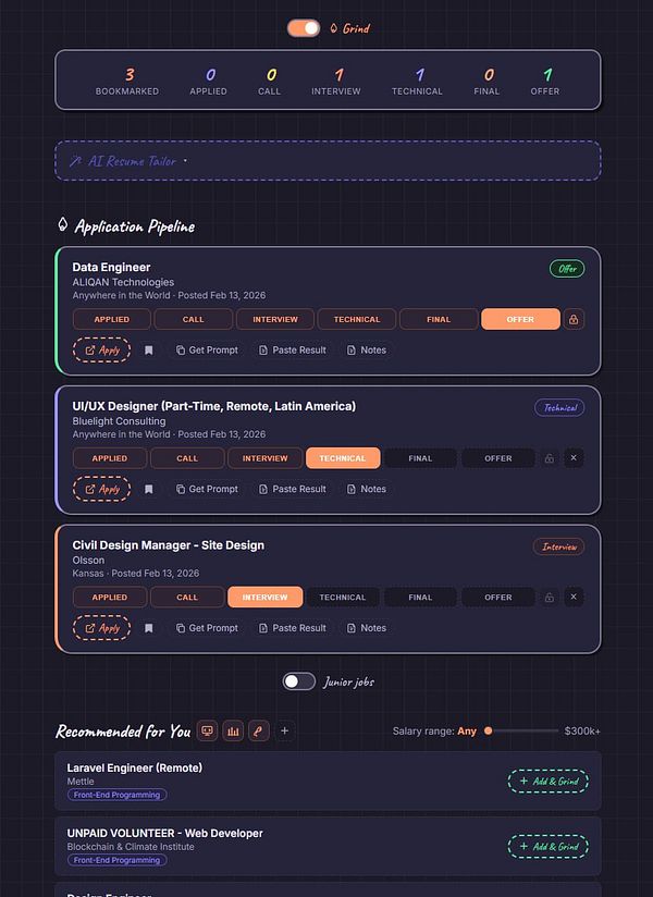A user interface showing a Grind Mode dashboard on a homepage with a focus on application tracking.