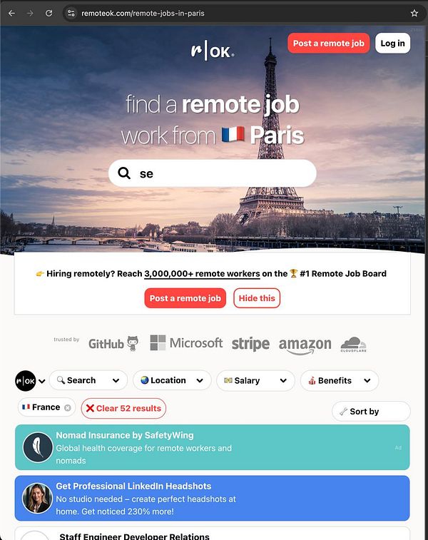 The image displays a webpage for remote job listings in Paris, featuring the Eiffel Tower in the background.