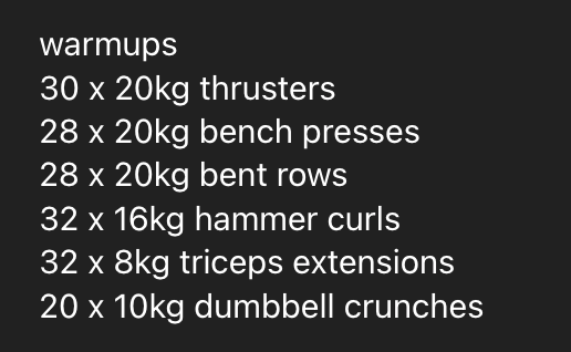 A workout plan detailing various exercises and their repetitions with weights.