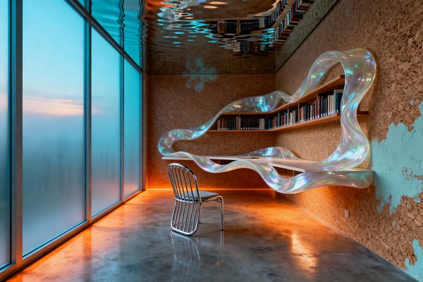 A compact home office showcases a flowing, iridescent resin ribbon forming a cantilevered white desk and sculptural band along cork-clad walls with floating wood bookshelves filled with hardcovers. Frosted floor-to-ceiling glass glows teal, while concealed amber LEDs graze the perimeter and desk underside. A rippled mirrored ceiling reflects the scene above a polished concrete floor, where a chrome metal chair sits centered at the workstation.