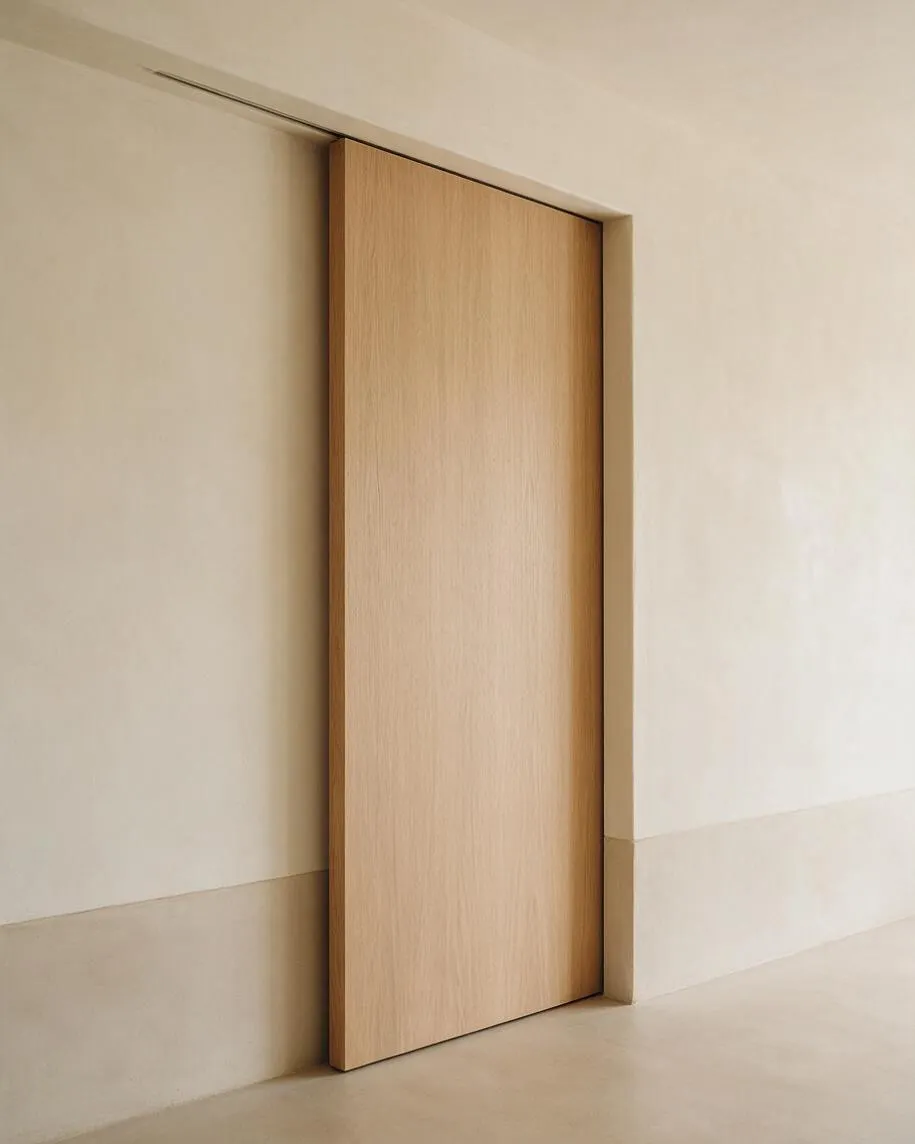 A minimalist interior detail showing a tall flush wood sliding door set into a smooth cream wall. The door has a light oak finish and sits beside a subtle horizontal wall band, with a pale neutral floor completing the calm, understated composition.
