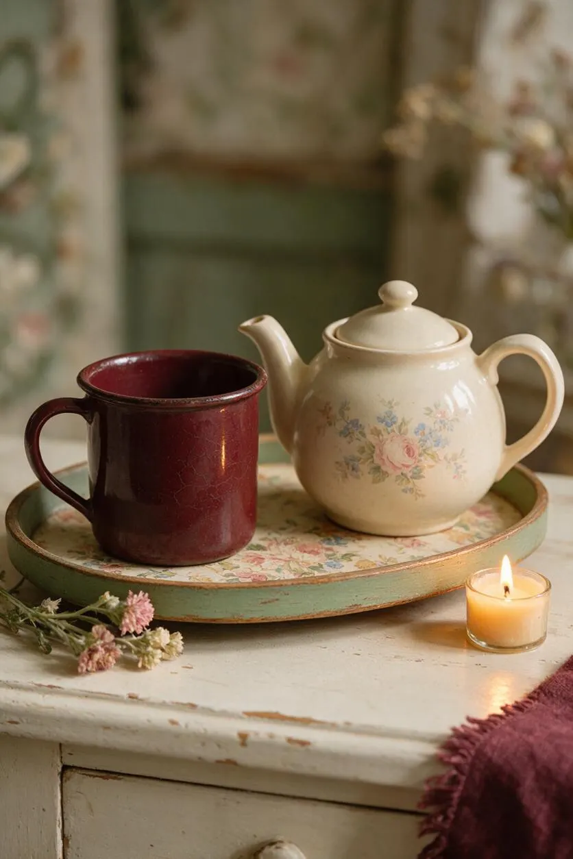 A Cottagecore still life on a distressed painted table shows a burgundy enamel mug and a cream ceramic teapot with floral decals sitting on a mint-green tray lined with floral paper. A small lit candle, dried flowers, and a burgundy textile add warmth and softness.