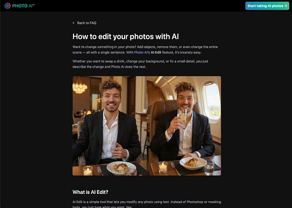 The image features a webpage titled 'How to edit your photos with AI' showcasing two men dining on an airplane.