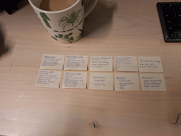 A collection of handwritten sticky notes outlining various tasks and projects on a wooden desk.
