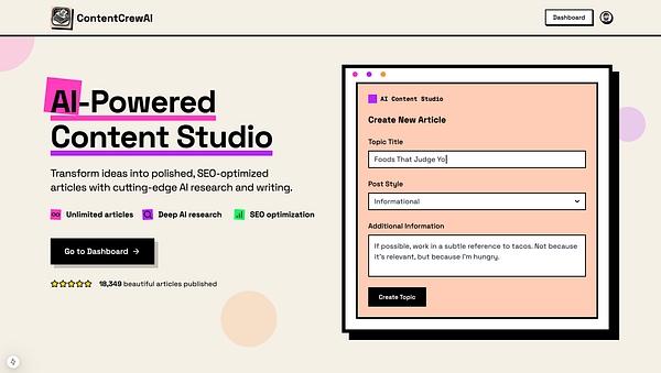 The image features a modern UI design for an AI-powered content creation platform.