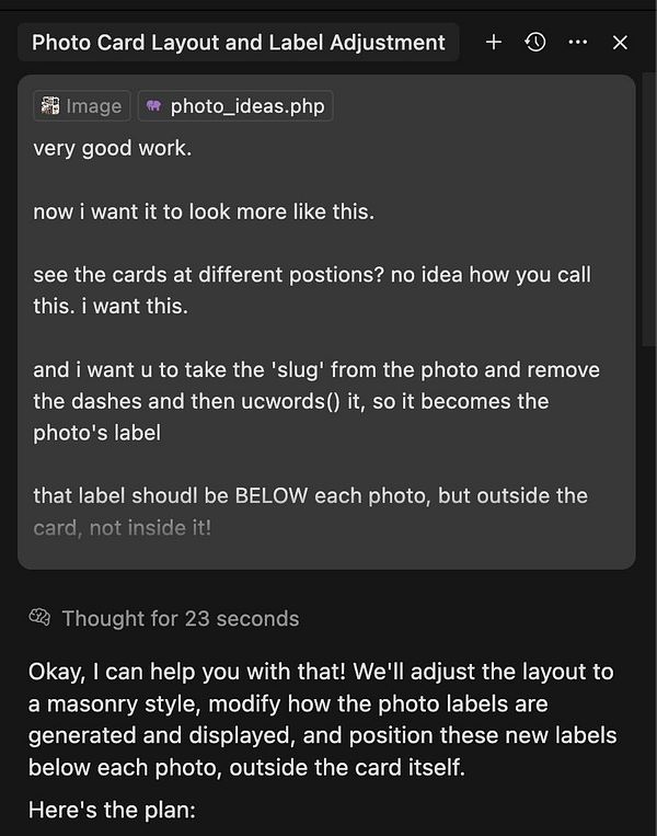 The image displays a task interface discussing adjustments to a photo card layout.