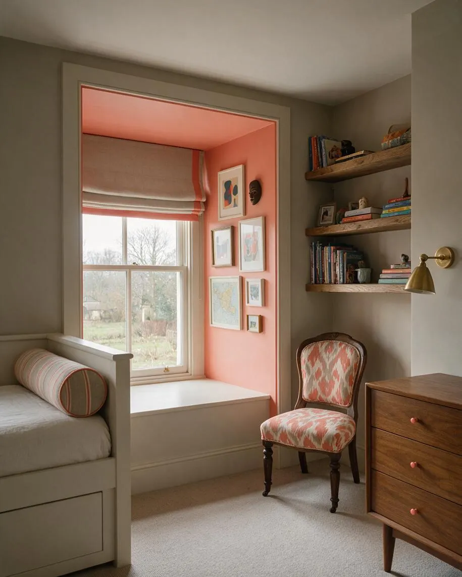 A cozy kids' room features a built-in daybed on the left, a coral-painted window alcove in the center, and floating wooden shelves with books and decor on the right. A patterned accent chair, walnut dresser, and brass wall sconce add vintage eclectic character.