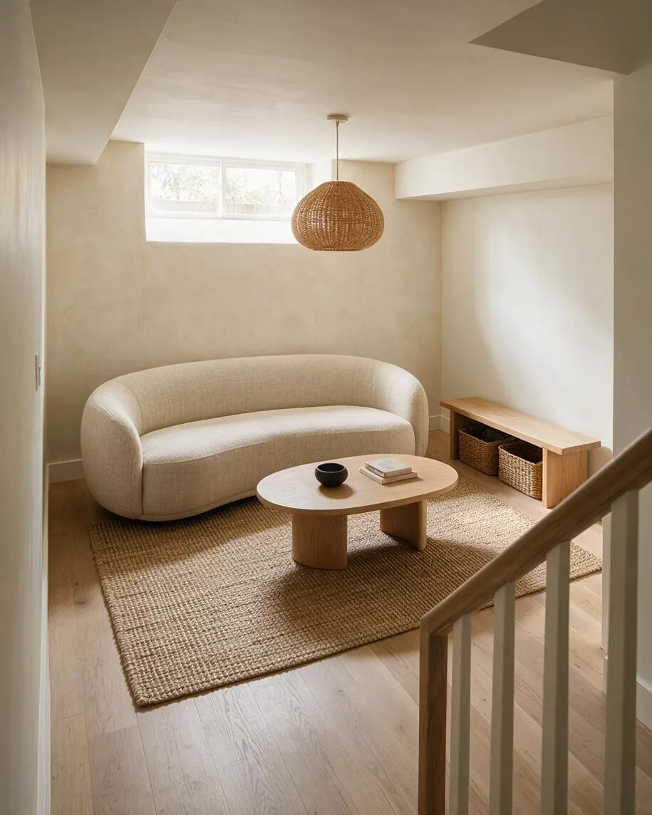 A cozy basement lounge with a rounded cream sofa, woven jute rug, oval wood coffee table, and natural rattan pendant light. Light beige walls, pale wood flooring, a slim wooden bench with baskets, and a small high window create a calm, earthy atmosphere.