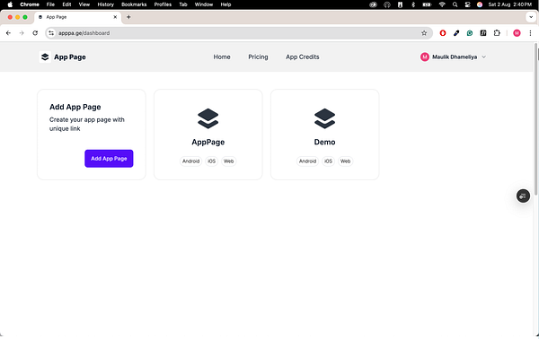 The image displays a user interface for an app dashboard with options to add and manage app pages.