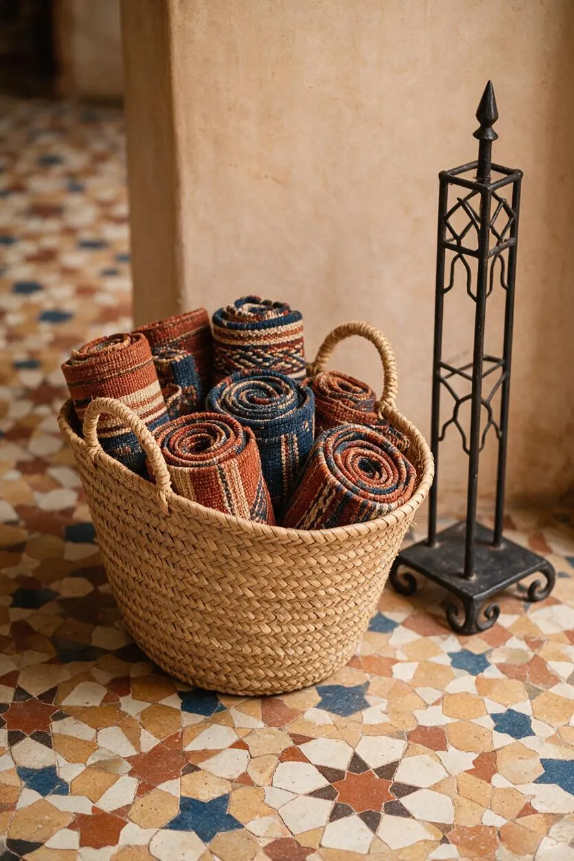 A woven straw basket filled with rolled multicolored patterned mats sits on a geometric mosaic tile floor beside a black wrought-iron stand. A warm beige wall and soft natural light create a rustic Moroccan atmosphere.