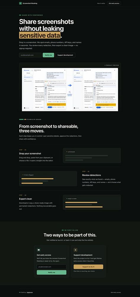Landing page design for ScreenshotMasking.com featuring masked UI screenshots and a call-to-action button.