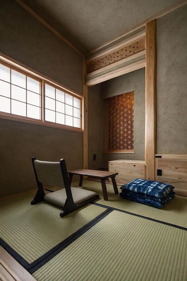 A serene basement room in Japanese Zen style featuring tatami mat flooring, a low wooden table, a floor chair with black frame and beige cushion, and folded blue cushions. Soft shoji-style window panels bring in diffused light, while natural wood beams, a textured earth-toned wall, and a decorative alcove create a calm, minimalist atmosphere.