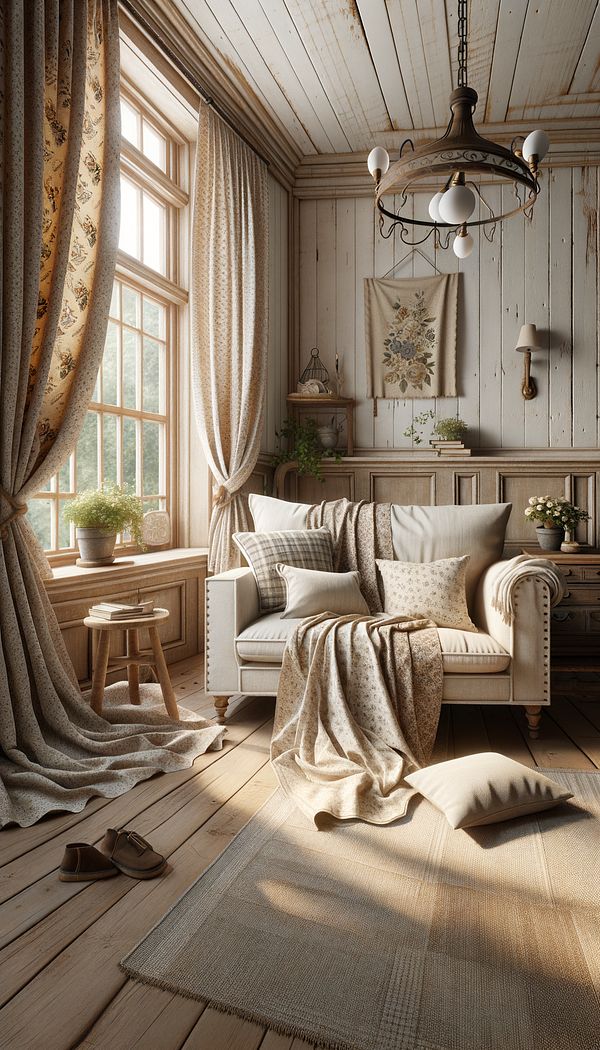 A cozy, rustic living room featuring calico curtains and sofa slipcovers, highlighting the fabric's natural texture and neutral color.