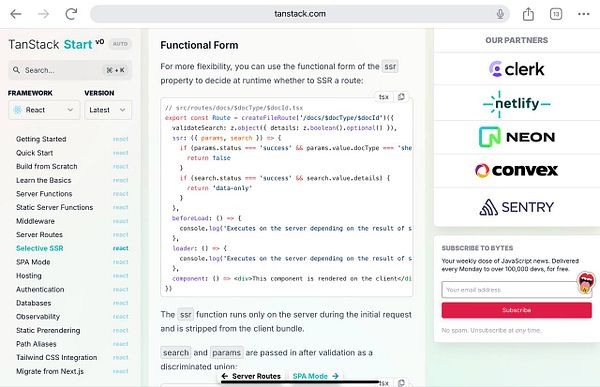 The image displays a section of the TanStack documentation focused on the functional form of middleware in React.
