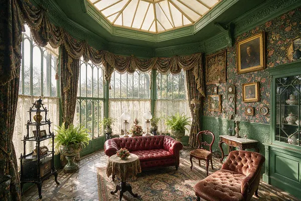 A Victorian-style backyard conservatory with a glass-domed ceiling, tall arched windows, and deep green painted walls. The room is filled with ornate drapery, floral wallpaper, tufted red and velvet seating, antique tables, framed portraits, and potted ferns, creating a richly layered, sunlit retreat.