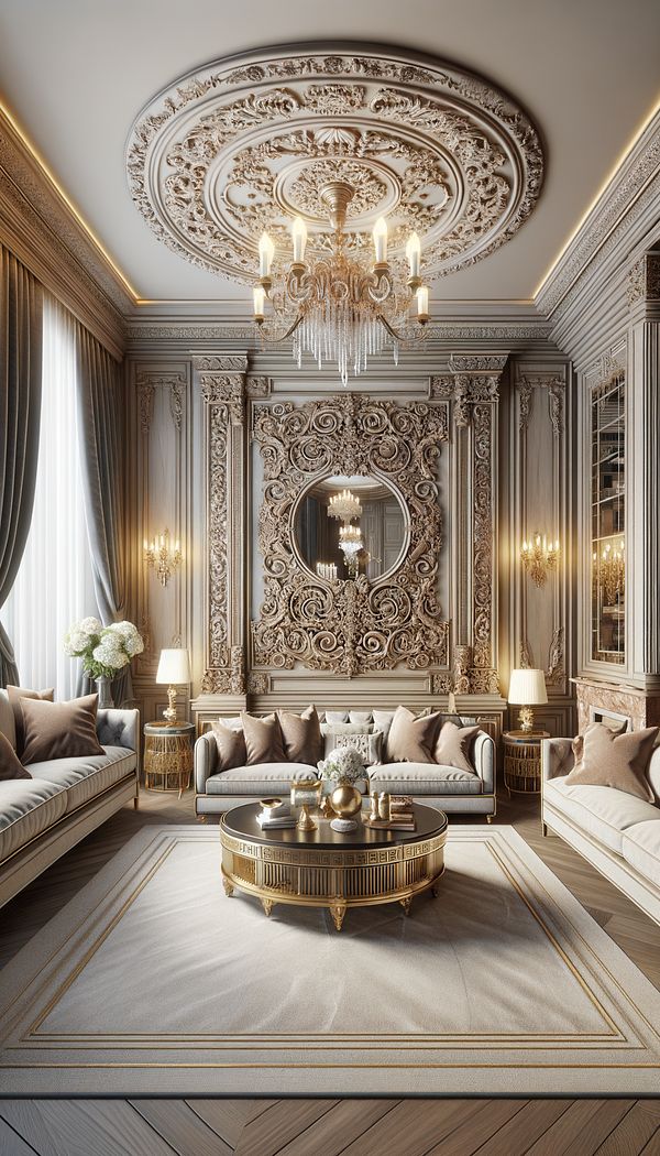 a luxurious living room featuring intricate boiserie on the walls, with furniture and decor that complement the paneling’s style