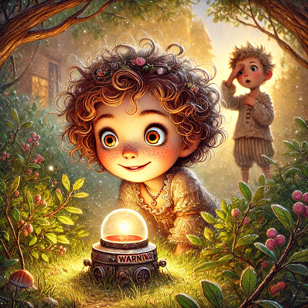 A young girl with curly hair and a joyful expression discovers a glowing orb in a magical forest setting, while a boy looks on curiously.