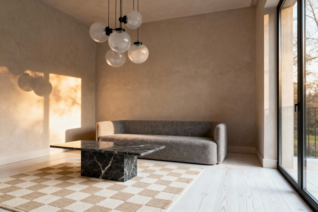 A Scandinavian-style living room with warm plaster walls features a low, rounded gray sofa set against the back wall, a black marble coffee table with white veining centered on a beige-and-cream checkerboard wool rug, and a cluster of clear glass globe pendants hanging above. Wide-plank whitewashed wood floors and floor-to-ceiling sliding glass doors with black frames flood the space with natural light, casting soft evening shadows that emphasize the room’s calm, minimalist atmosphere.