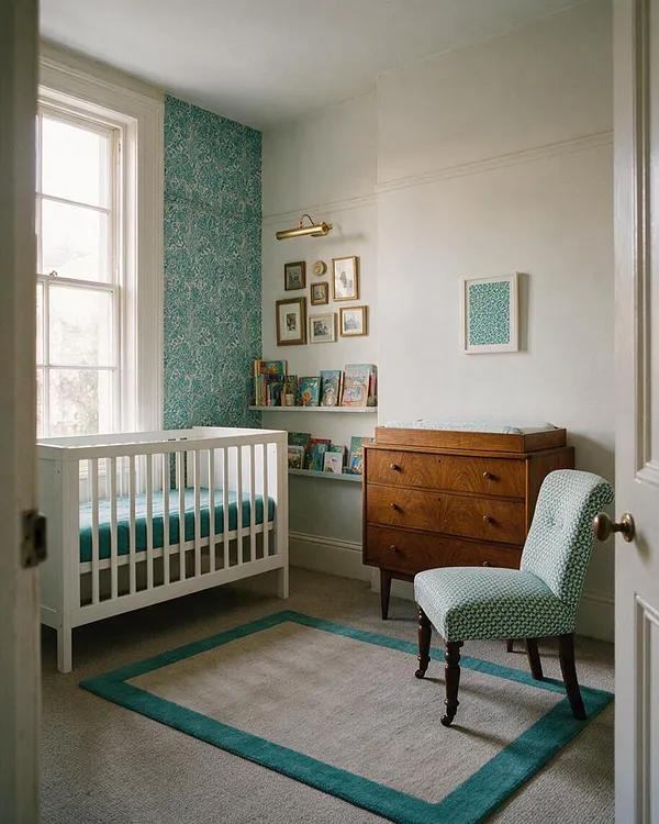 A cozy eclectic nursery with a white crib beside a tall window, a teal patterned accent wall, and a small gallery of framed art above built-in shelves filled with children’s books. A warm wood dresser and a patterned accent chair sit on a neutral carpet with a teal border, creating a layered and cheerful space.