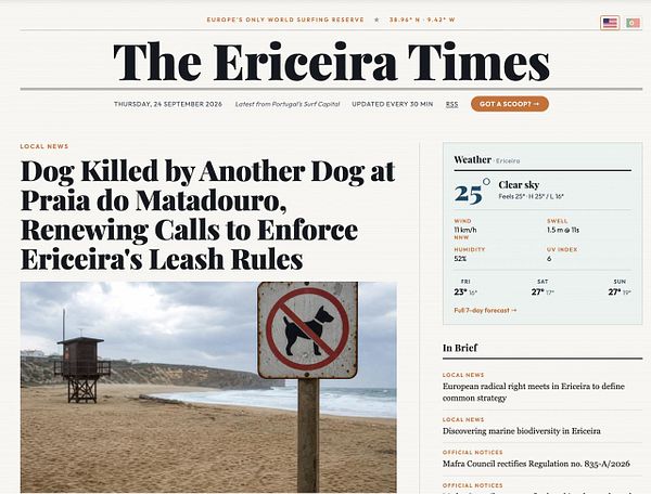 Front page of The Ericeira Times newspaper featuring a headline about a dog attack and a call to enforce leash rules, with weather information and news briefs on the side.