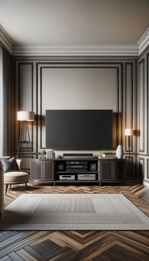 An elegant living room featuring a modern, sleek TV stand made from dark wood with shelves for media equipment, positioned against a neutral-colored wall.