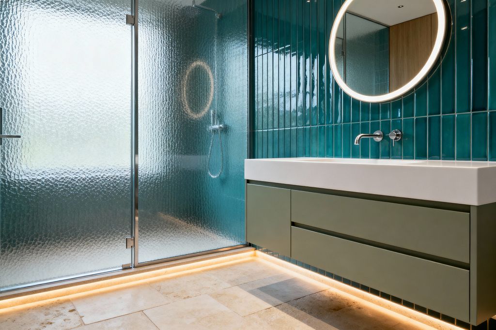 A contemporary bathroom features vertically stacked teal glazed wall tiles, a floating olive vanity with a white integrated basin, and a circular backlit mirror. A walk-in shower is enclosed by a hammered translucent glass screen with slim chrome hardware and a wall-mounted shower set; warm LED strips under the vanity illuminate a light beige travertine floor, creating a calm, spa-like atmosphere.