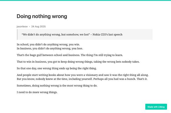 The image features a text post reflecting on the challenges of business versus school, highlighting a quote from Nokia's last CEO.