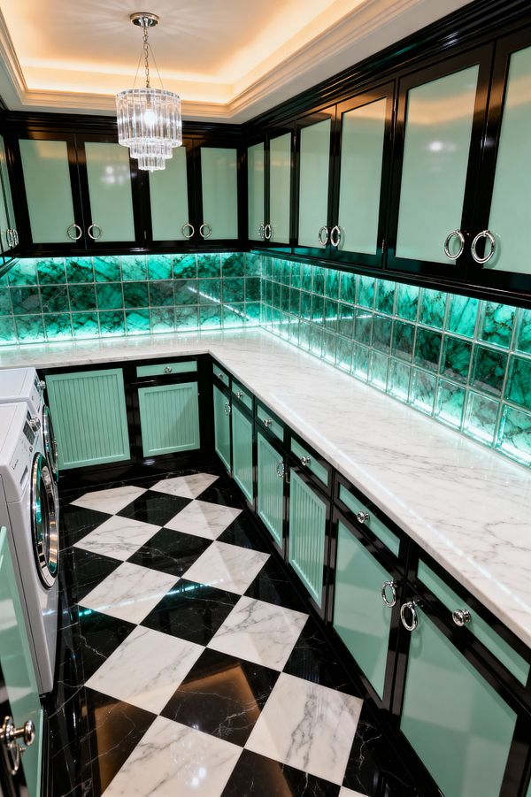 An L-shaped laundry room styled in Hollywood Regency features mint cabinetry framed in glossy black with chrome ring pulls, a long white marble countertop, and a black-and-white checkerboard marble floor. The backsplash is made of square green glass tiles that glow with emerald undercabinet LEDs, while a tiered crystal chandelier and warm cove lighting add sparkle; a front-loading washer and dryer sit on the left.