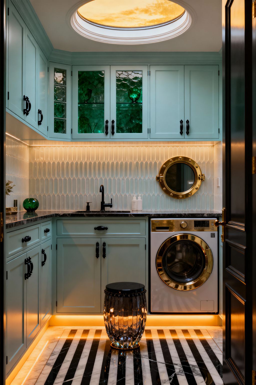 A compact Hollywood Regency laundry room with seafoam shaker cabinets, black hardware, and black marble countertops set against a glossy white elongated tile backsplash. A brass-framed round mirror and a front-load washer with gold trim add glamour, while warm LED lighting glows beneath cabinets and toe-kicks. The floor features bold black-and-white striped marble, a smoked-glass stool sits center, emerald glass displays fill upper glass-front cabinets, and a domed skylight illuminates the space.