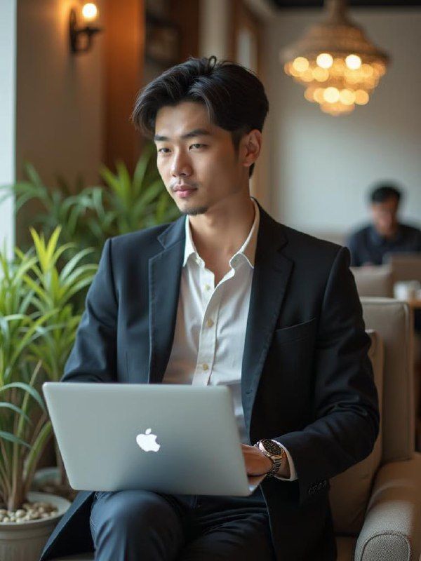 A young man in a suit is working on a laptop in a stylish café setting.