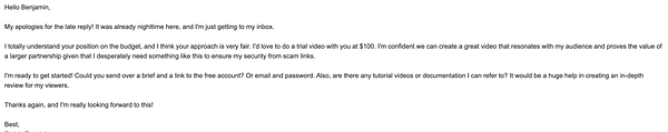 An email correspondence discussing a negotiation with an influencer for a YouTube video collaboration.
