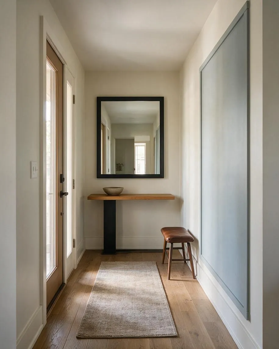 A narrow transitional entryway with light walls, wide wood plank flooring, and a long neutral runner rug. A simple wood console table with a black support stands beneath a rectangular black-framed mirror, with a small bowl on top and a leather stool beside it. A large pale blue-gray wall panel adds subtle color on the right, while the front door brings in light on the left.